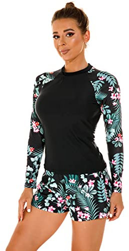 UV Shirt Damen Wasser Langarm Blume Schwimmshirt Bade Tankini Oberteil Shorts Schwimmhose Schwimmanzug Badeanzug mit Bein Frauen UPF 50+ Rashguard Bademode Kurz Strandmode Surfanzug Grün M