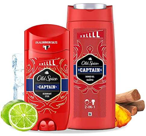 Old Spice Mens Deodorant Stick and Shower Gel For Men, Captain, Aluminium Free, 48H Long Lasting Scent VALUE PACK 85ml + 675ml
