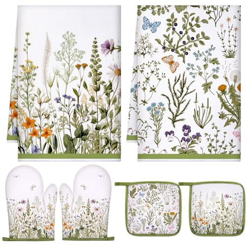 Leinuosen 6 Wild Flower Kitchen Towels Kitchen Decor and Accessories Set Floral Plant Oven Mitts and Pot Holders Sets Farmhouse Absorbent Dish Towels for Cooking Baking Grilling