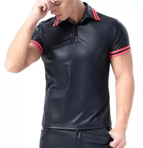 WEITING Chemise Sexy en Faux Cuir à Manches Courtes pour Hommes Gaine de Façonnage Érotique Latex Moulante T-Shirts décontractés Polo en Cuir pour Hommes-Noir-XL
