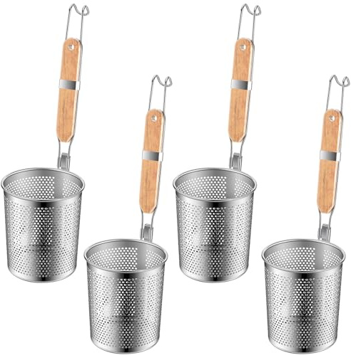 Tessco 4 cestas de pasta de acero inoxidable con mango de madera, malla de cocina, colador de pasta de araña, colador de pasta de alimentos, colador de fideos, cesta de blanqueamiento para fideos de