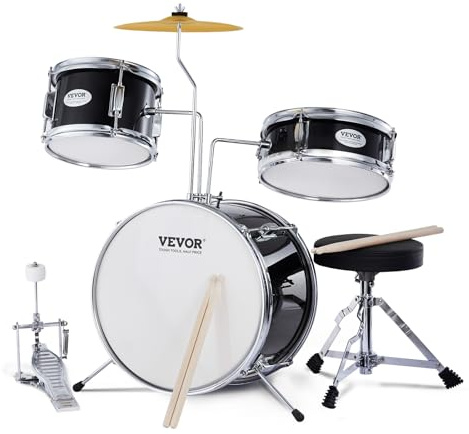 VEVOR Kit de batterie pour enfants, 355 mm, batterie pour débutants, 3PCS, avec tom 203 mm, caisse claire 254 mm, grosse caisse 355 mm, siège, cymbale, 2 paires baguettes, instruments de musique, noir