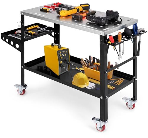 COSTWAY Tavolo da Lavoro, Banco da Lavoro con Supporto per Attrezzi e Vassoio, Fori per Fissaggio, 8 Slot per Attrezzi e Portabocchette per Saldatura, con Ruote, Capacità di Carico 540 KG (Modello 1)