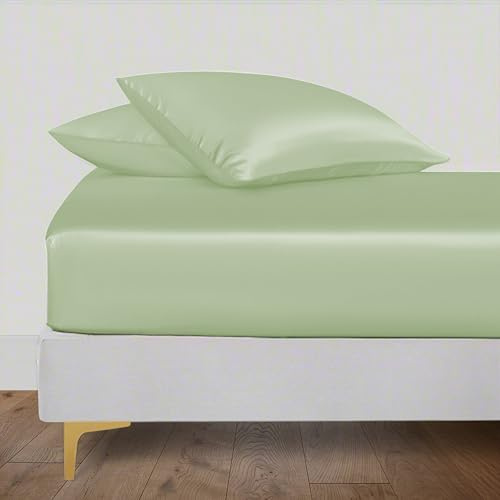 LINENWALAS Single Fitted Sheet 89x190 cm, 100% Organic Bamboo Silk Bed Sheet for Single Size Bed, Up to 40 cm Deep Pocket Bottom Sheet, Soft, Cooling Hypoallergenic Bedding (Sage Green)