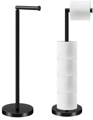 HOMEZI Black Toilet Roll Holder Free Standing with HEAVY BASE Premium Toilet Roll Stand Stainless Steel loo roll holder for Bathroom 2 in 1 Holder and Storage for 5 Rolls - Matte Black