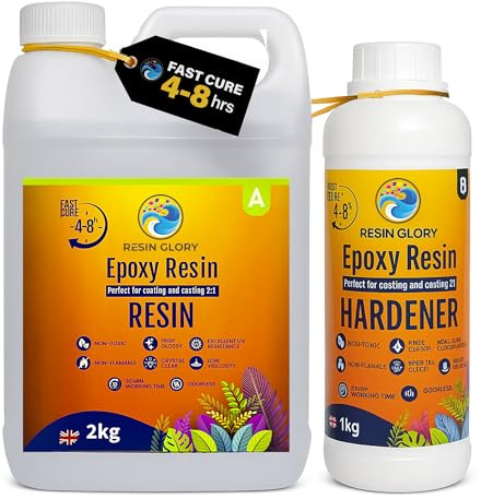 Resin Glory 3kg 4h Fast Cure Epoxy Resin Kit - Crystal Clear, Food Safe, UV Stable for Crafts, Jewellery, Wood, Coasters, Mould Casting - Low Viscosity, Self-Levelling for Beginners & Pros