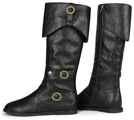 Galindopia Unisexe Renaissance Faire Cosplay Chaussures Vintage Bottes Mi-hautes Fold Over Medieval Hommes Costume Witch Pirate Viking Tied Chaussures Plat Victorian Bottes Black Size 41