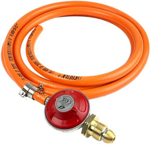 Propane Regulator (Red) Standard Screw 37mbar + 8mm LPG Gas Hose + Clips 3 Metre Fits Calor Gas & Flogas Screw in Cylinders