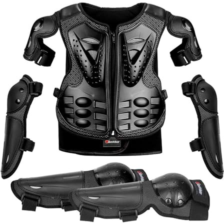 Giubbotto antiproiettile per moto per bambini gilet antiproiettile per motocross con ginocchiere e gomitiere set di protezioni per moto, accessori di sicurezza da corsa per 5-13 anni,Black-One Size