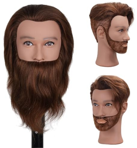 DaizySight Testa da parrucchiere da uomo, 100% capelli umani con barba, testa di acconciatura maschile, con capelli marroni, testa di manichino con morsetto da tavolo (capelli morbidi)