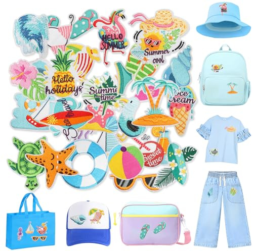 Dermalyx Set De 31 Patches Thermocollants, Écussons Brodés Été Plage, Reprises À Repasser Pour Enfants Et Adultes, Patch À Repasser Pour Vêtements, Jeans, Sac À Dos