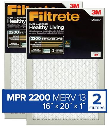 Filtrete 16x20x1 AC Furnace Air Filter, MERV 13, MPR 2200, Elite Allergen, Bacteria & Virus Filter, 3-Month Pleated 1-Inch Electrostatic Air Cleaning Filter, 2-Pack (Actual Size 15.69x19.69x0.78 in)