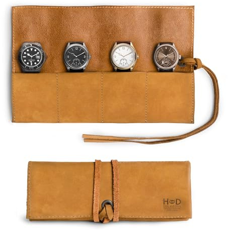 Hide & Drink, Leather Watch Roll Organizer Handmade from Full Grain Leather, Holds Up to 4 Watches, Easy Carry On Watchlover Storage (Old Tobacco)