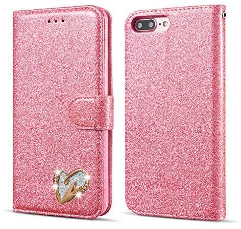 QLTYPRI Wallet Case for iPhone 7/8/SE 2020/SE 2022 5G, Glitter PU Leather Case Card Holder Kickstand Wrist Strap Inlaid Heart Diamond Flip Folio Cover for iPhone 7/8/SE 2020/SE 2022 - Pink