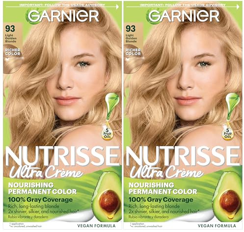 Garnier Nutrisse Ultra Crème Hair Color, Permanent Hair Dye with 100% Gray Coverage, Vegan & Cruelty-Free, 93 Light Golden Blonde (Honey Butter), 2 Count