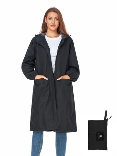 SaphiRose Womens Long Hooded Rain Jacket Waterproof Lightweight Raincoat Windbreaker Black Small