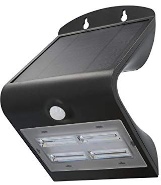 UNITEC LED Solar-Wandleuchte mit 120° Bewegungsmelder | 3,2 Watt | 400 Lumen | 4000 K | Solarleuchte Outdoor | Spritzwasserschutz IP65 | schwarz | Energieklasse A++