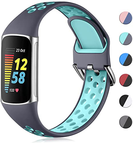 CeMiKa Sport Silicone Strap Compatible with Fitbit Charge 5/Charge 6, Waterproof Soft Adjustable Breathable Sport Bands, Small/Large