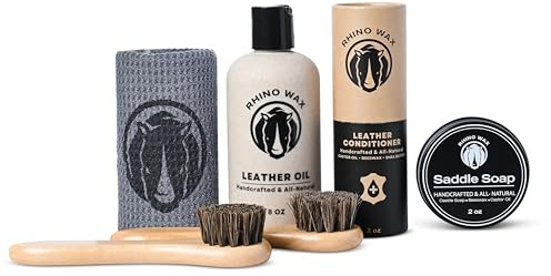 Rhino Wax - Horse Tack Kit - Includes: Saddle Soap for Leather & Conditioner - Leather Oil - Brushes - Cloth. Horse Supplies for Saddles, Bridles, Boots, Reins - Proudly Made in the USA (Not China)