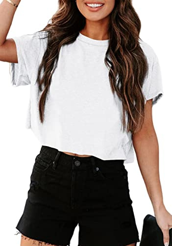 Tankaneo Women Short Sleeve Cropped T-Shirts Crew Neck Loose Crop Tops Summer Casual Drop Shoulder Basic Tees White