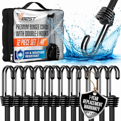 VBEST Bungee Cords with Hooks 48 Inch - 12 Piece Heavy Duty Black Bungie Cords for Outdoor Use, UV & Weather Resistant