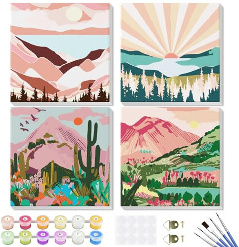 GHHKUD Malen Nach Zahlen Erwachsene Kinder und Anfänger, 4 Stück Malen Nach Zahlen Landschaft mit Knitterfreie Leinwand, Pinsels Und Acrylfarbe, Diy Handgemalt öLgemäLde Kit Als Geschenk 20x20cm