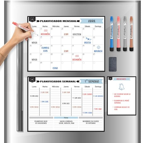 DESK GLOBAL - Pack 2 Calendario Magnético para Nevera Mensual y Semanal (42x30 cm) + Pizarra Magnética Pequeña + 4 rotuladores + borrador - Planificador Español - Tablero de Calendario 2026