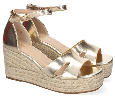 shoes&blues.es 91815 Sandalia de Cuna de Yute para Mujer, Comodo y Elegante, Diseno Moderno con Detalles en la Pala y Cierre de Hebilla, Ideales para Primavera-Verano. Oro Talla 38