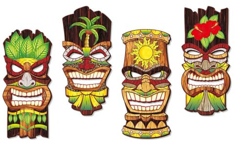 CAKIROTS 4 Pcs Tiki Mask Wall Decor Polynesian Hawaiian Style Decor African Masks Wall Decor Tiki Masks Outdoor Wooden Sign 17 Inches