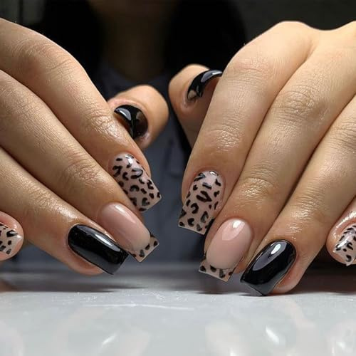 LunarCharm 24 pezzi unghie finte corte quadrate nere unghie artificiali corte francesi con motivo leopardato unghie acriliche unghie finte brillanti