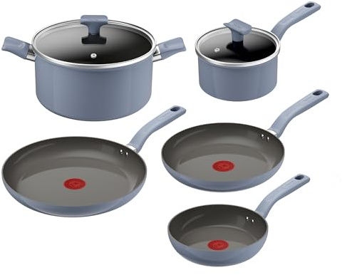 Tefal Cera Color On - Juego de 3 sartenes de 20/24/28 cm + Cazo con tapa de 16 cm + Olla con tapa de 24 cm, Revestimiento cerámico antiadherente de aluminio, 100% reciclado, Thermo-Signal