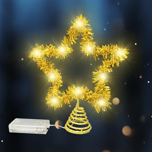 Étoile de sapin de Noël, 20 x 25 cm, étoile arbre de Noël, mit pointe étoiles de Noël lumineux, 10 LED étoiles pour la maison et les fêtes de sapin de Noël, décorations (or)