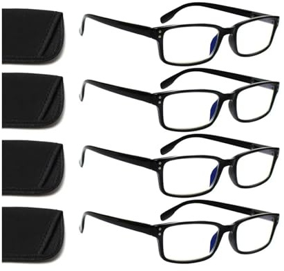 Kerecsen 4 Pack Reading Glasses for Men and Women with Spring Hinges - Black Designer Style Rectangular Readers (4 BLACK, 1.75, Dioptres)