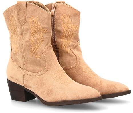 shoes&blues.es 95377 Botin Cowboy con Bordados Laterales y Punta Fina. Tacon Ancho Comodo, Ideal para Mujer en Temporada Otono Invierno. Kaki Talla 39