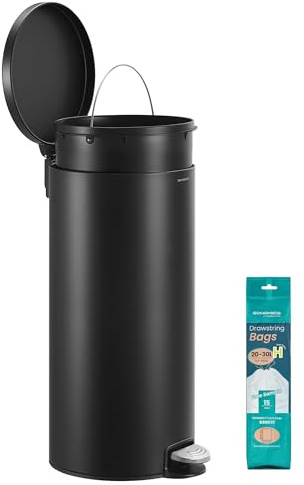 SONGMICS Poubelle 30 L, Rond, avec 15 Sacs Poubelles, Pédales en Métal, Seau Amovible en Plastique, Poignée, Couvercle à Fermeture en Douceur, en Acier, Noir d'Encre LTB031BZ02