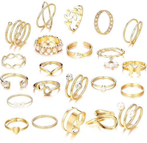 ARWIG 22-delat Ring-set Dam Guld, Boho Stapelbara Ringar, Tumringar, Pärlringar, Knoringar, Vintage Statement-ringar, Guldfärgade Smycken med Bladmotiv, Stil 2