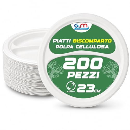 G.M. DISTRIBUZIONE 200 Piatti Tondi Biscomparto 23 cm Bianchi in Polpa di Cellulosa, Compostabili e Biodegradabili, Adatti al Microonde, per 2 Scomparti Menu Catering