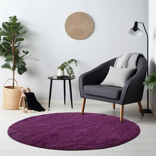 HomebyHome Teppich Rund Hochflor 80 cm Rund - Shaggy Runder Teppich Wohnzimmer Violett Extra Weich und Flauschig - Waschbarer Langflor Teppiche für Schlafzimmer, Küche, Flur - Carpet, Halı, Kilim