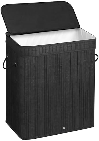 SONGMICS Laundry Hamper with Lid, Bamboo Laundry Basket, Removable Machine Washable Laundry Basket, with Handles, 26.4-Gallons, for Laundry Room, Bedroom, Bathroom, Ink Black ULCB63H