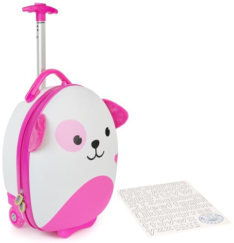 Boppi Kids Luggage Travel Suitcase Carry On Cabin Bag Holiday Pull Along Trolley Lightweight Wheeled Holdall 17 Litre Hand Case - Pink Dog