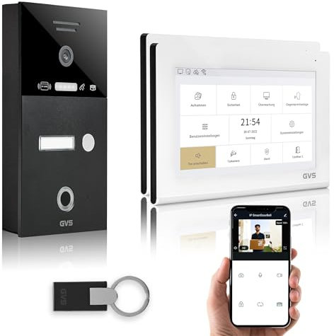 GVS - IP Video Türsprechanlage mit Türöffner, Fingerprint & RFID, HD Kamera, 2X 7 Zoll Monitor & App - Smarte Video Türklingel mit Kamera & Gegensprechanlage für 1 Familienhaus (AVS4480A)