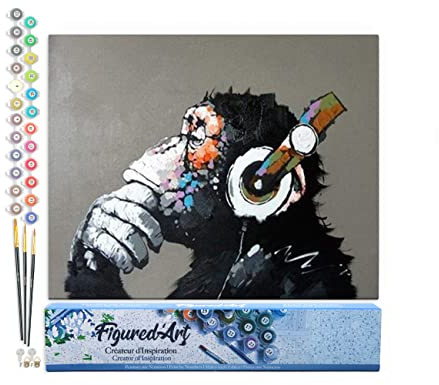 Figured'Art Malen Nach Zahlen Erwachsene Affe mit Kopfhörer - Paint by Numbers Basteln DIY Bastelset 40x50cm ohne Holzrahmen