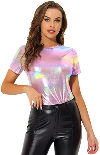 Allegra K Dam metallic flerfärgad topp kortärmad rund hals blus T-shirt, lila, S