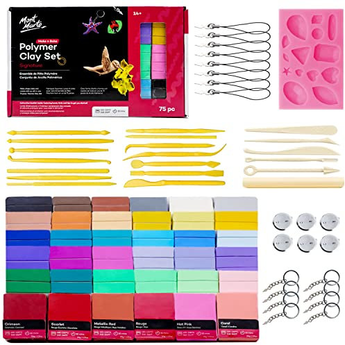 Mont Marte Polymer Clay Set – 75-teilig – 36 Farben – Weiche, gleichmäßige Textur – Werkzeuge und Anleitung zum Töpfern, Modellieren und Basteln