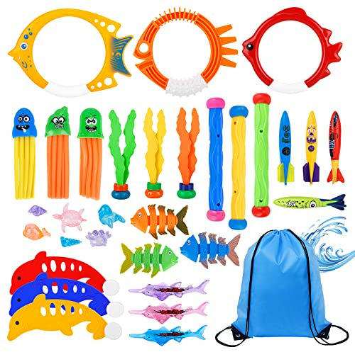 DICLLY Premium Tauchspielzeug-Set,38-teiliges Pool Spielzeug für Kinder 5-12 Jahre,Unterwasser Tauchringe,Torpedos,Edelsteine,Haie,Algen,Fischgräten,Fisch-Spielzeuge,Quallen und Aufbewahrungstasche