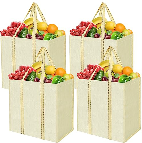 BALEINE 4 PK Grocery Bags Reusable Shopping Bags with Reinforced Bottom, Heavy Duty Foldable Tote Bags (Beige)