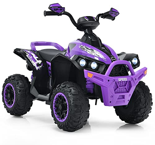 GOPLUS 12 V Quad eléctrico para niños con Faros LED, música y claxon, Coche eléctrico con 4 Ruedas Antideslizantes y Arranque Lento, para niños de 3 a 8 años de Edad, soporta hasta 35 kg (Púrpura)