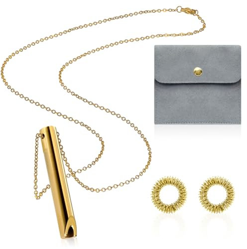 TaimeiMao Edelstahl Achtsames Atmen Halsketten,Stressabbau Halskette，Atemkette Rauchentwöhnung Hilfsmittel,mit 2 Stressabbau Ring und Schmuckbeutel,für Herren Damen Meditation Entspannung（Gold）