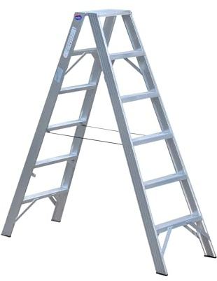 Weise Industrie Stufen-Stehleiter 0,86 m hoch, 2x3 trittsichere geriefte Stufen inkl. Deckstufe, beidseitig begehbare Industrie- & Haushaltsleiter, klappbare Trittleiter mit Gurtbändern, max. 250 kg