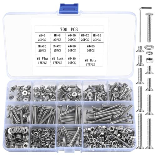 700 Pcs M4 Tornillos y Tuercas y Arandelas Set, Tornillos y Tuerca de Cabeza Hueca Hexagonal de Cabeza Plana, Tornillos Roscados de Acero Inoxidable, Tornillo Maquinaria y Tuercas y Arandelas Kit